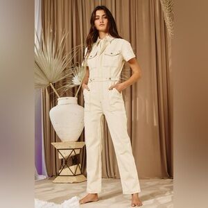 Bucketlist Utility Stretch Denim Jumpsuit – Cream